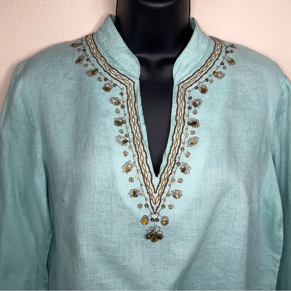 Size 6 Rafaella Linen Blouse Top Mint Teal Beaded Sequined Boho Bohemian - Picture 5 of 14